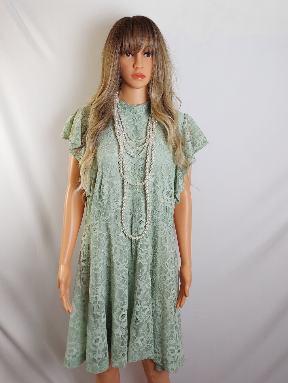 Sage Green Lace Flutter Sleeve Dress